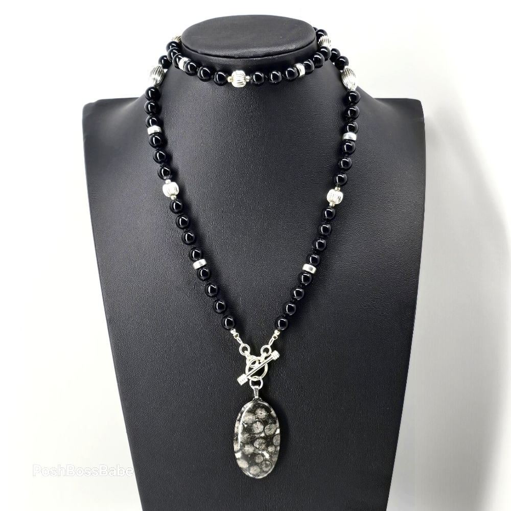 Handmade Black Glass Bead Necklace with Zebra Jasper Pendant